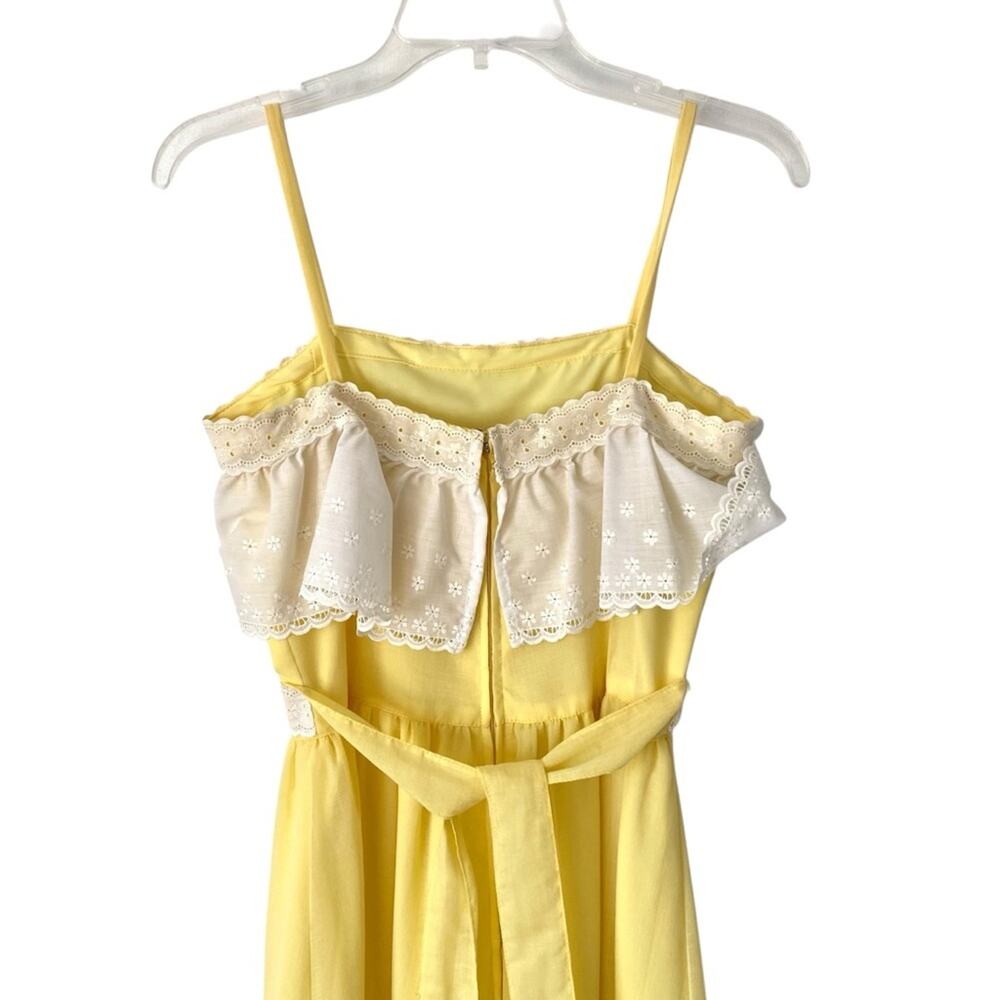 Vintage Handmade Boho Yellow White Lace Trim Ruffle Maxi Dress size small - Picture 5 of 10